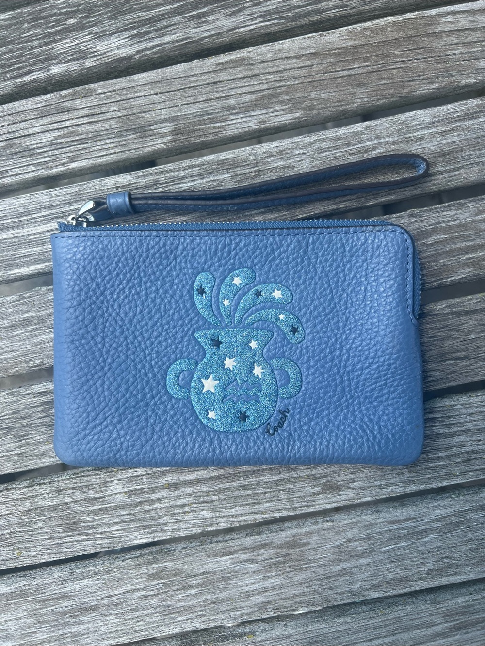 Coach Blue Pebbled Leather Wristlet with Starburst Applique